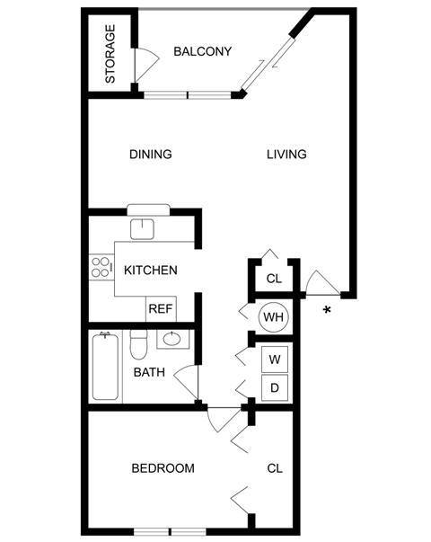 Floor plan for 1 bed, 1 bath, 730 sqft